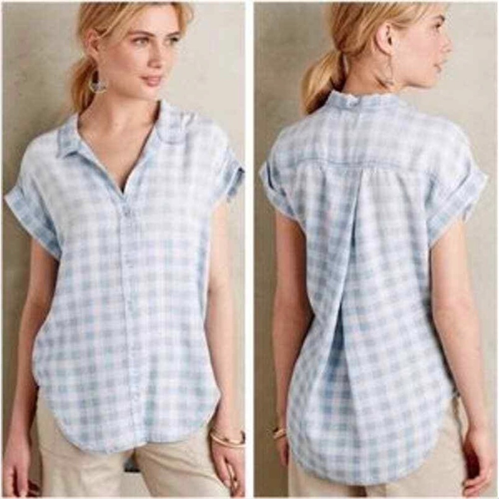 Cloth & Stone Celestial Button Down Blue Checkered Chambray Top